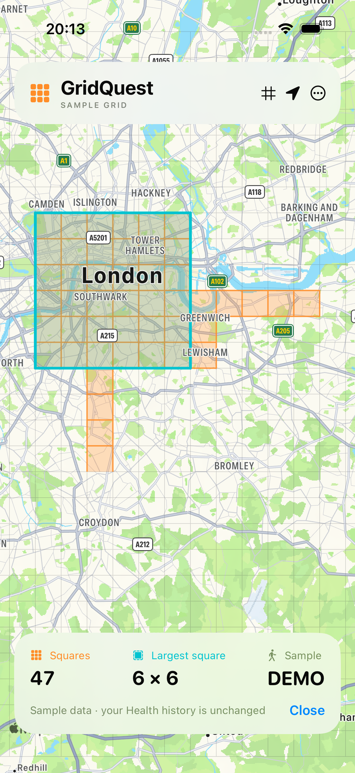 GridQuest's sample London map with orange collected squares and a teal outline around its largest completed square