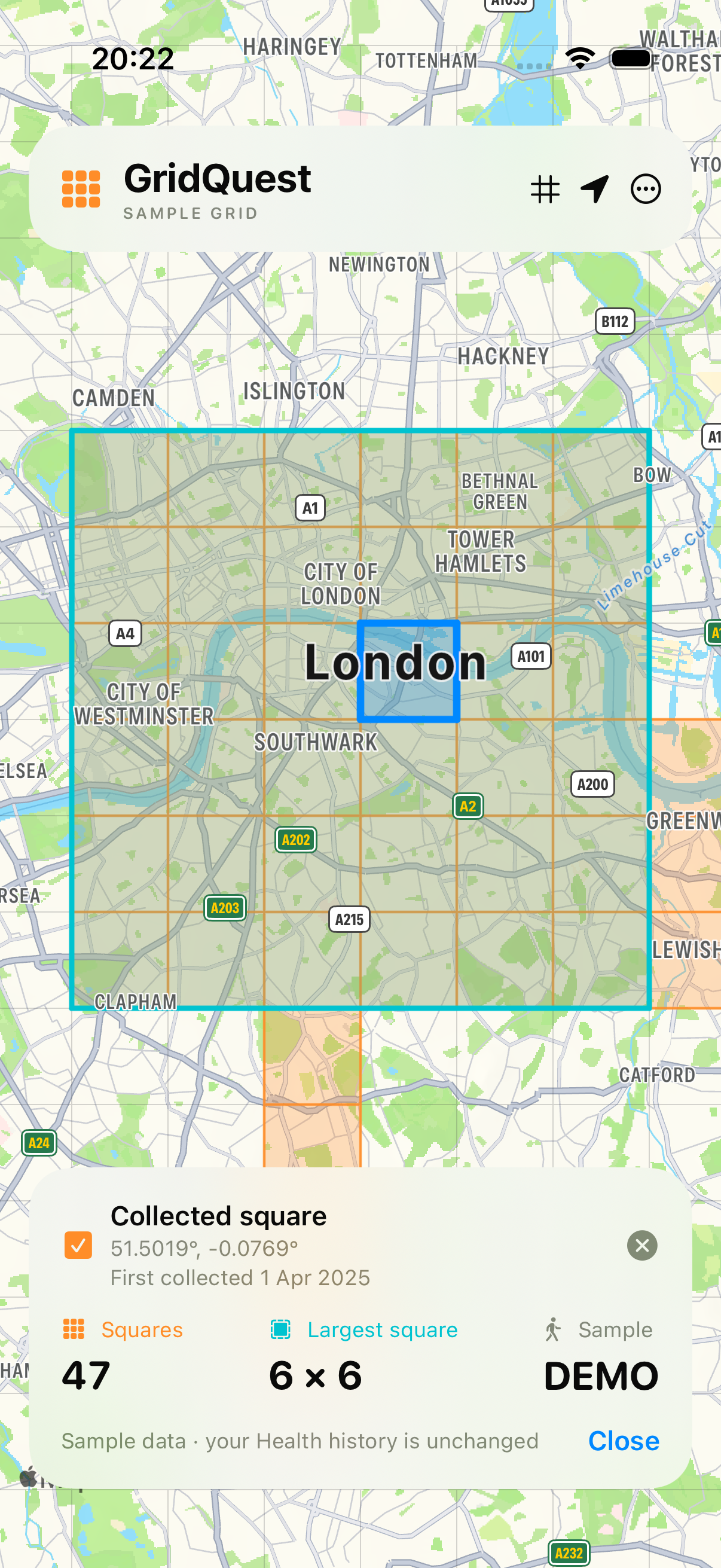 A selected square highlighted in blue, with its first-collected date in the details panel